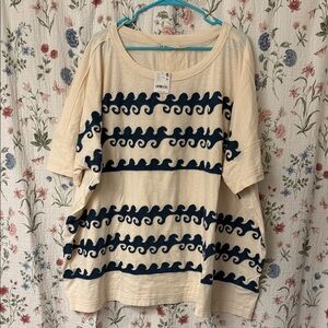 Free People Cream Top with Navy Wave Stripe Embroidery